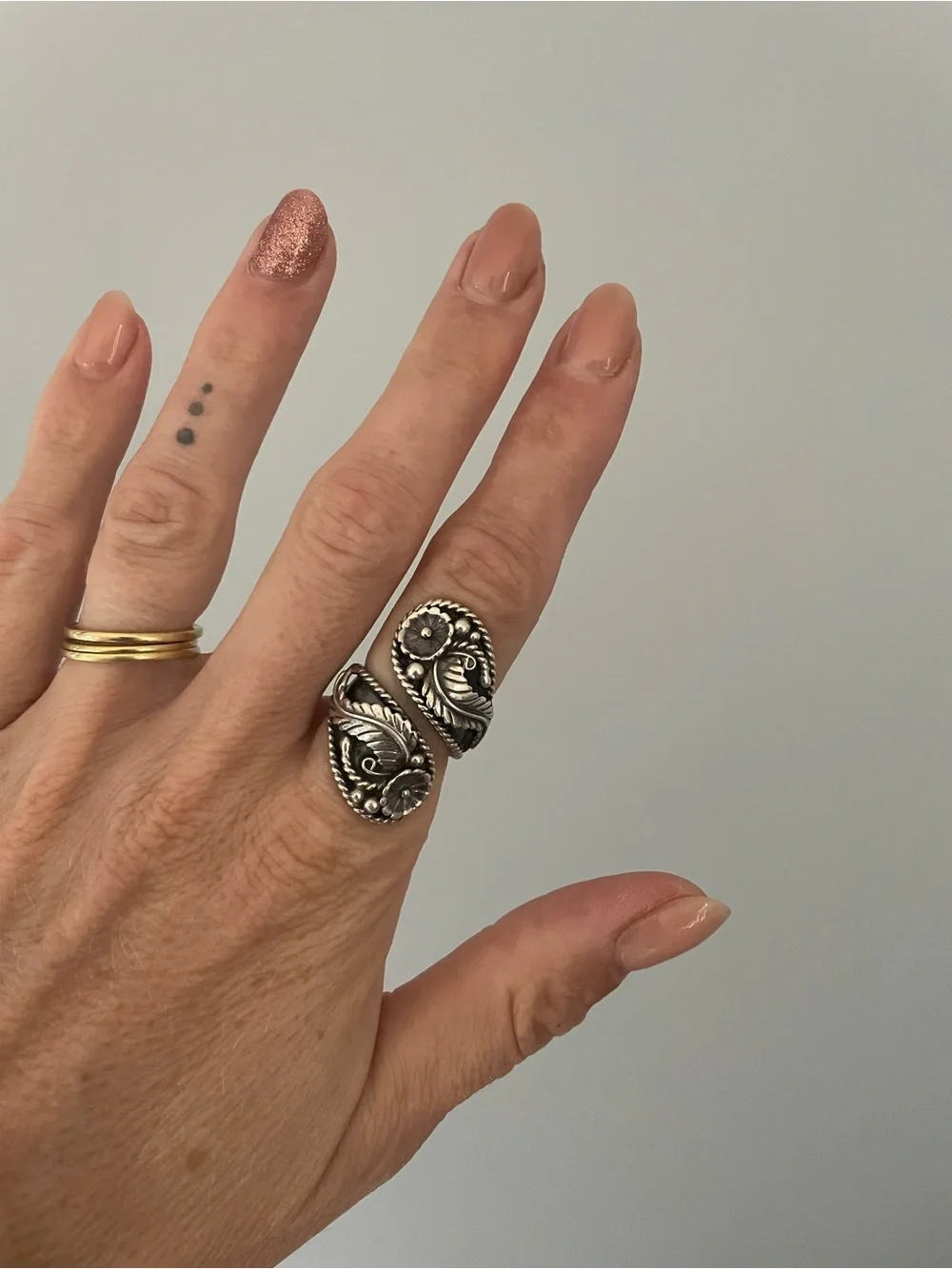 Vintage Navajo Sterling Silver Flower Leaf Bypass Ring - Signed SC
